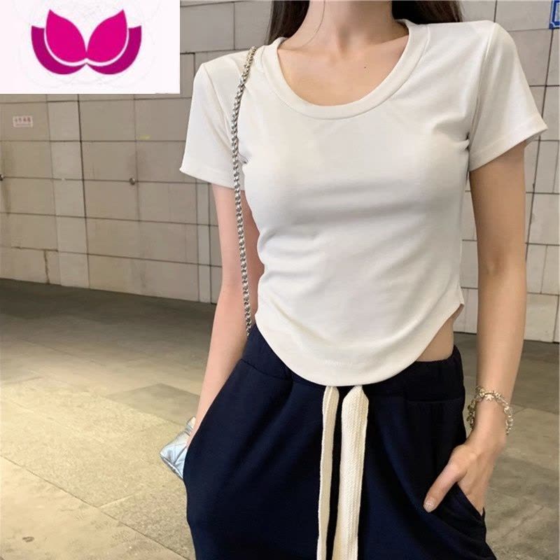 七斓2023夏季设计感小众纯欲风甜辣妹性感u领短袖t恤女不规则短款上衣图片