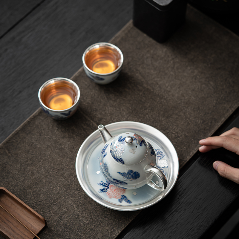 苏氏陶瓷(SUSHI CERAMICS)鎏银国礼牡丹壶茶具套装非遗传承人郑文强作品一壶两杯带壶承礼盒