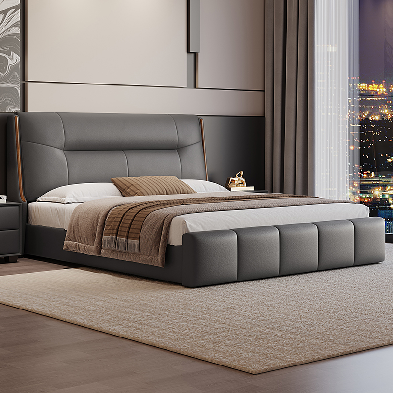 真皮床现代简约高端双人床意式轻奢主卧大床皮艺床软包床储物婚床高清大图