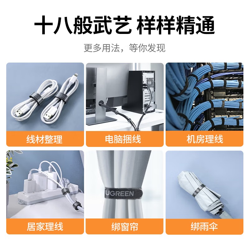 绿联扎带电脑理线带魔术贴 线缆收纳固定整理绕线带理线器 背胶尼龙粘扣电源线捆线带 黑色5米40356高清大图