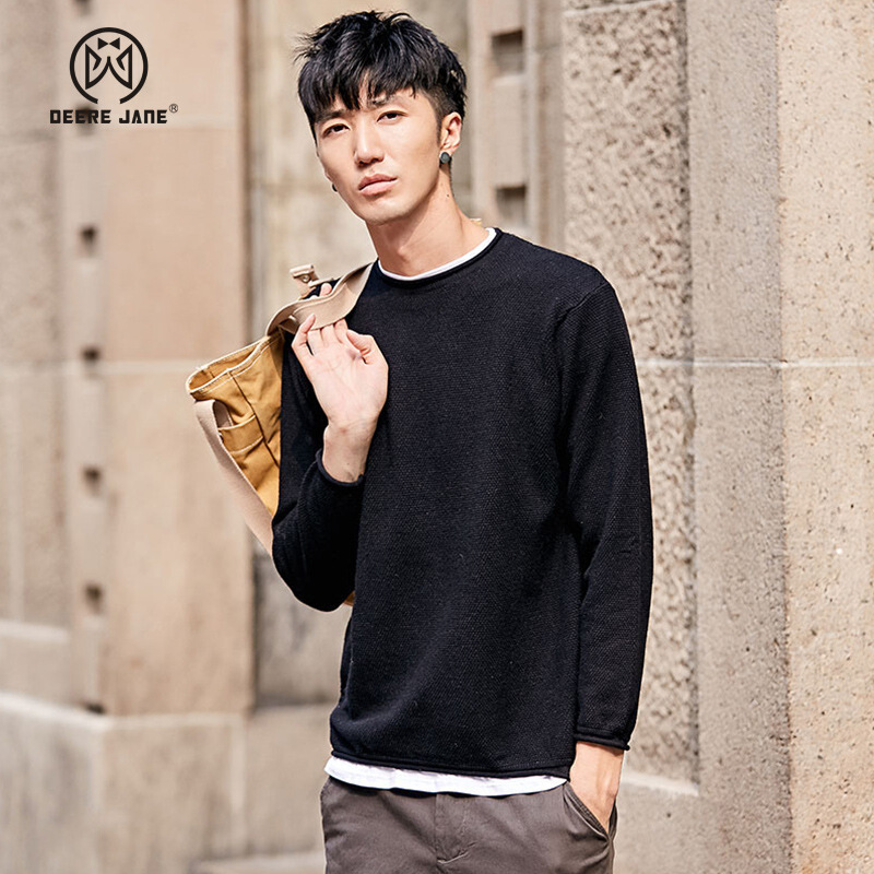 deerejane假两件毛衣男士针织衫日系圆领修身型线衫春秋复古外套
