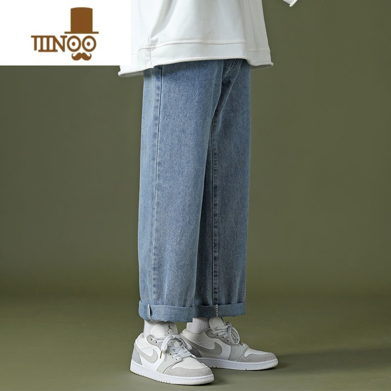 yanxu潮牌牛仔裤男宽松直筒百搭九分阔腿韩版潮流男生休闲长裤子