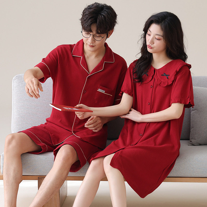 情侣睡衣女夏季仿棉短袖薄款结婚喜庆本命年大红色男士家居服套装高清大图