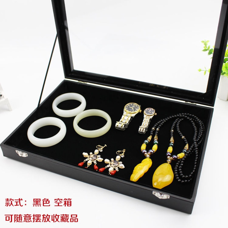 冰花绒首饰盒戒指吊坠项链手镯耳环饰品展示盘收纳盒带盖珠宝箱 黑色空箱