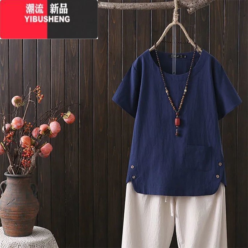 YIBUSHENG棉麻t恤女2024季新款大码洋气宽松复古纯色简约短袖上衣苎麻高清大图