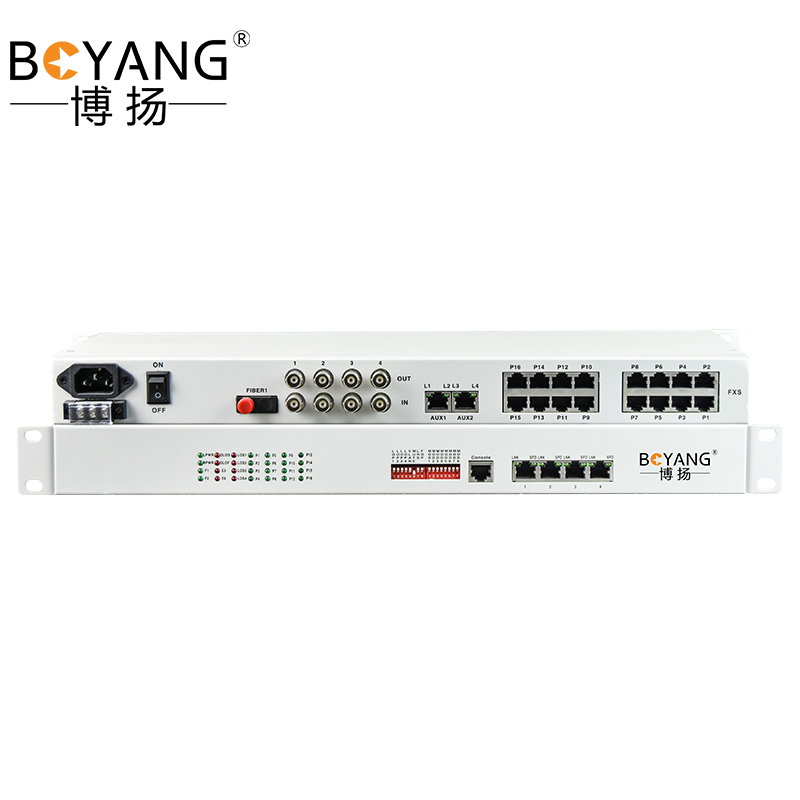 博扬 综合业务电话光端机 4路E1+16路电话+4路百兆物理隔离网 单纤20km 机架式 1对价 BY-16P4E4Fv