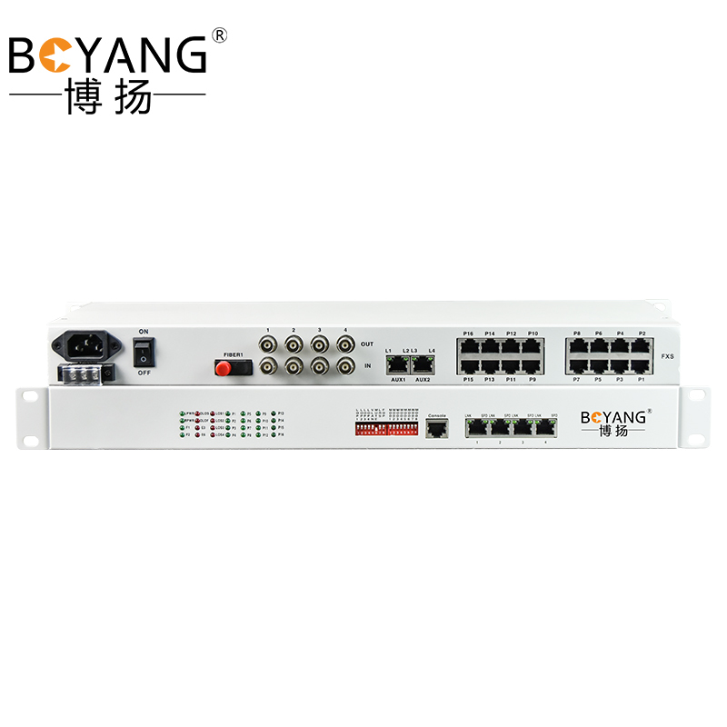 博扬 综合业务电话光端机 4路E1+16路电话+4路百兆物理隔离网 单纤20km 机架式 1对价 BY-16P4E4Fv
