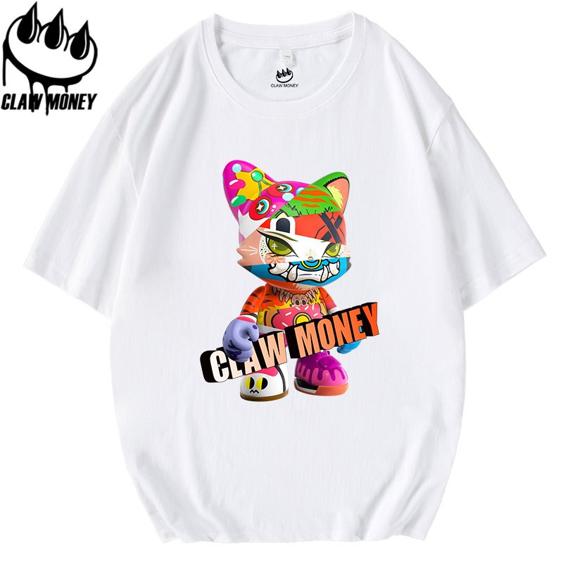 Claw money潮牌短袖t恤男纯棉老虎印花半袖宽松半截袖圆领体恤潮