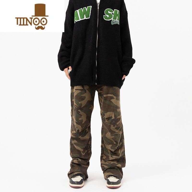 YANXU美式高街vibe做旧迷彩休闲牛仔裤男ins潮牌宽松直筒微喇工装长裤图片