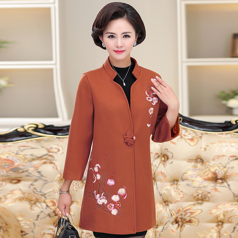 迪鲁奥（DILUAO)同款【品质女装】妈妈秋装外套2019新款中年女装春秋长款呢子大衣大码妇女立领上衣_58 5XL 焦糖色