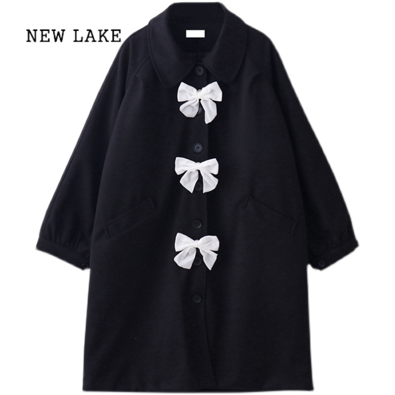 lake日系复古少女气质蝴蝶结宽松中长版过膝夹棉毛呢外套女呢子大衣冬
