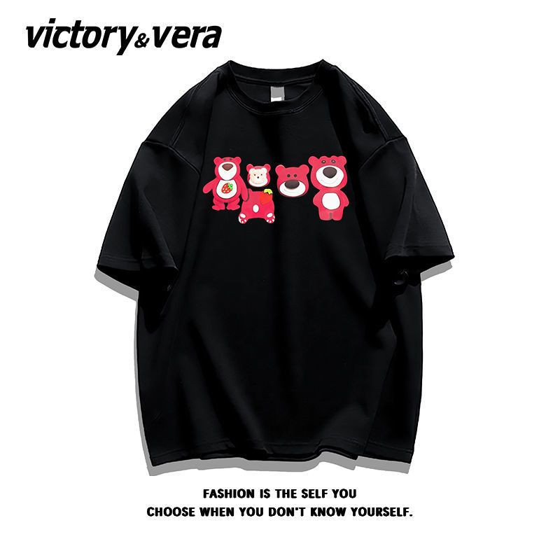 VICTORYVERA夏季2022新款草莓熊印花盐系短袖T恤女纯棉宽松上衣服