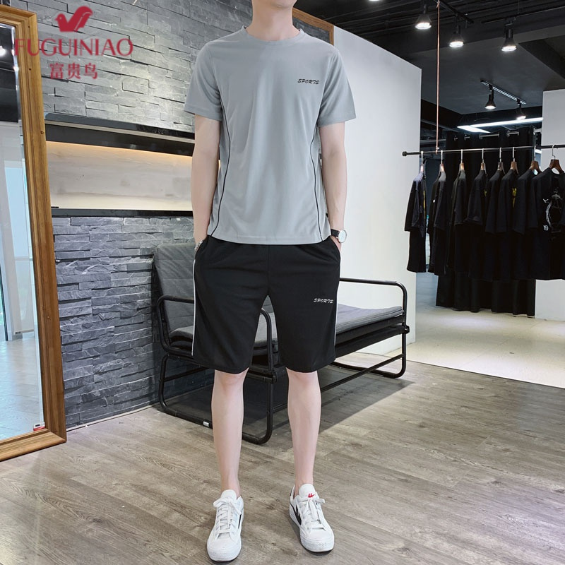 富贵鸟fuguiniao短袖t恤运动套装男夏天薄款速干衣短裤夏季休闲两件套