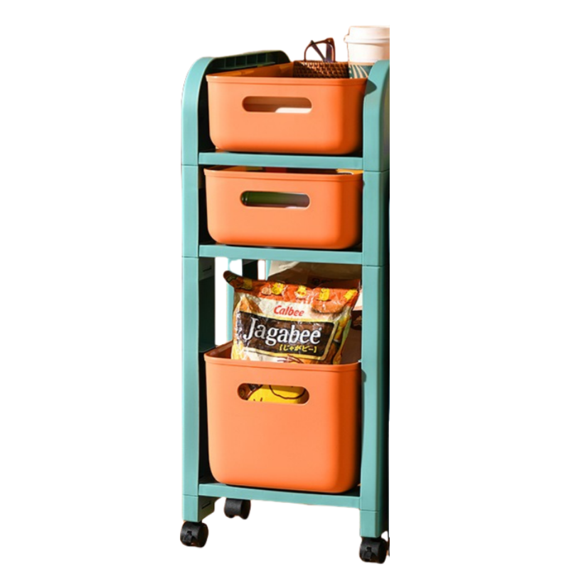 华普思多层置物架桌面资料整理柜家用客厅零食杂物收纳架宿舍桌下储物架橙绿撞色914三层一高两矮款(带轮子)