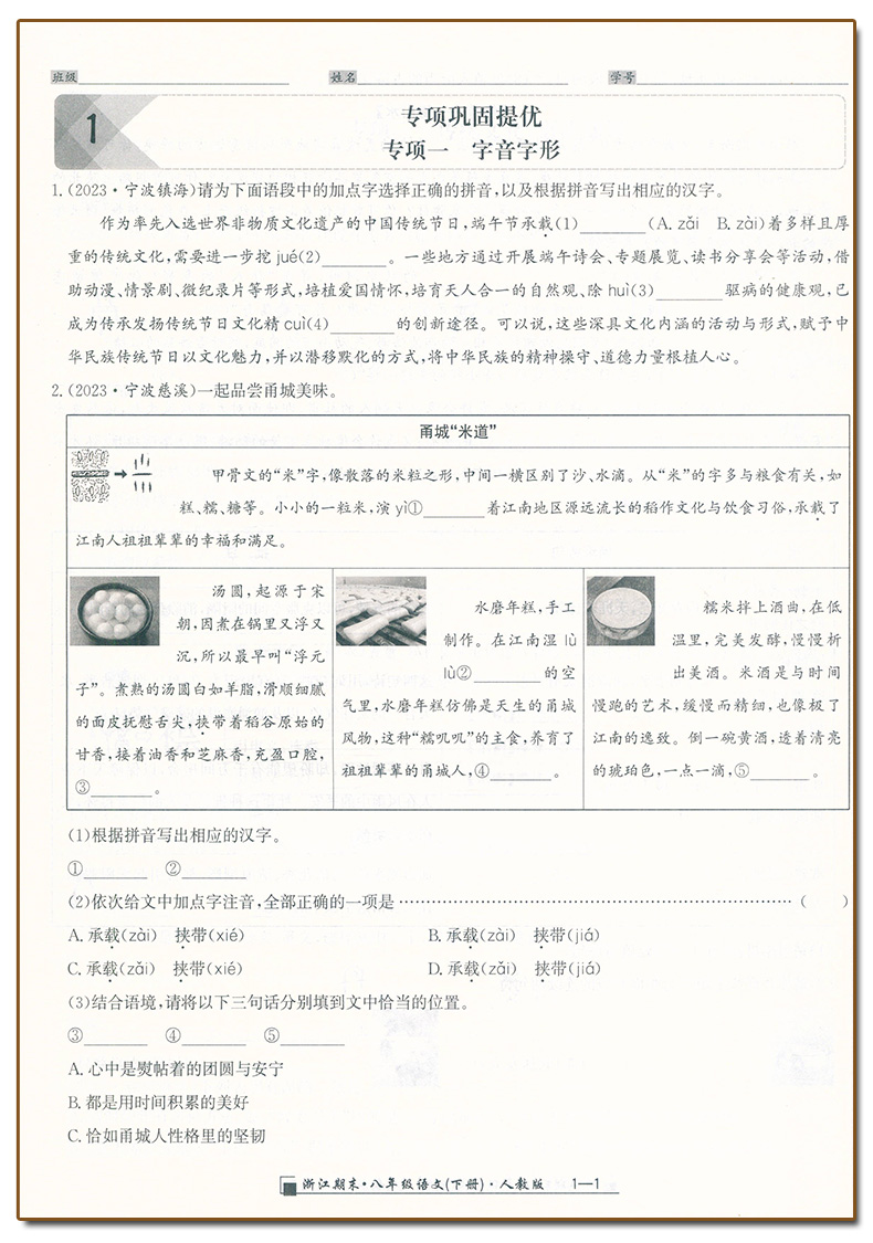 语文.人教版 八年级下 [正版]2024春季初中浙江期末八8年级下册语文人教版同步考卷子初二8年级下册语文专项巩固提优期高清大图