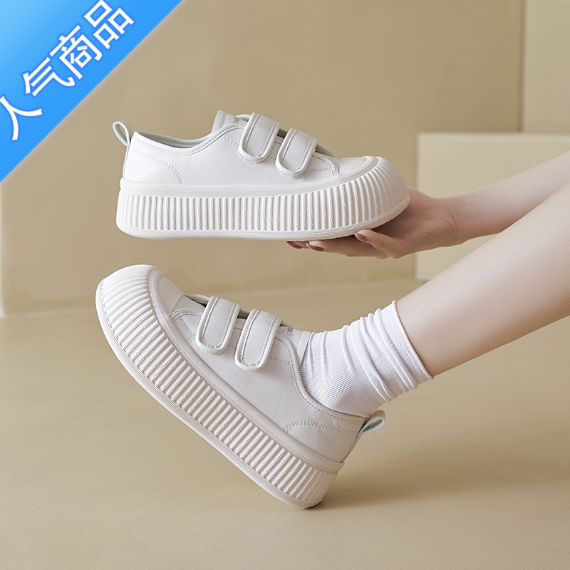 SUNTEK魔术贴小白鞋女2023新款夏季厚底百搭休闲帆布鞋轻便运动白色板鞋高清大图
