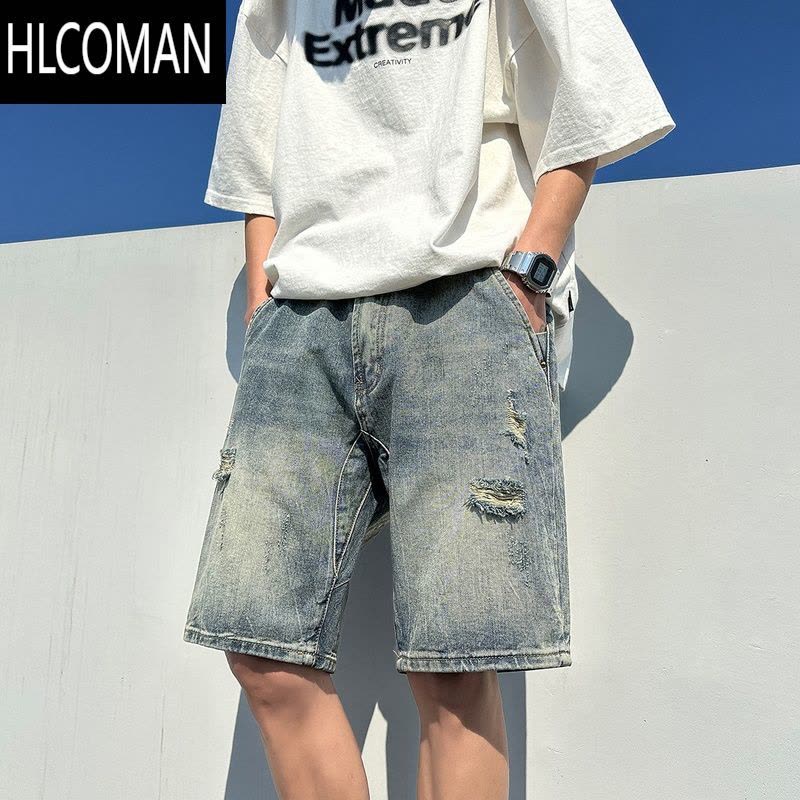 HLCOMAN破洞牛仔短裤男款夏季美式潮流宽松休闲裤子水洗大码高街五分裤子图片