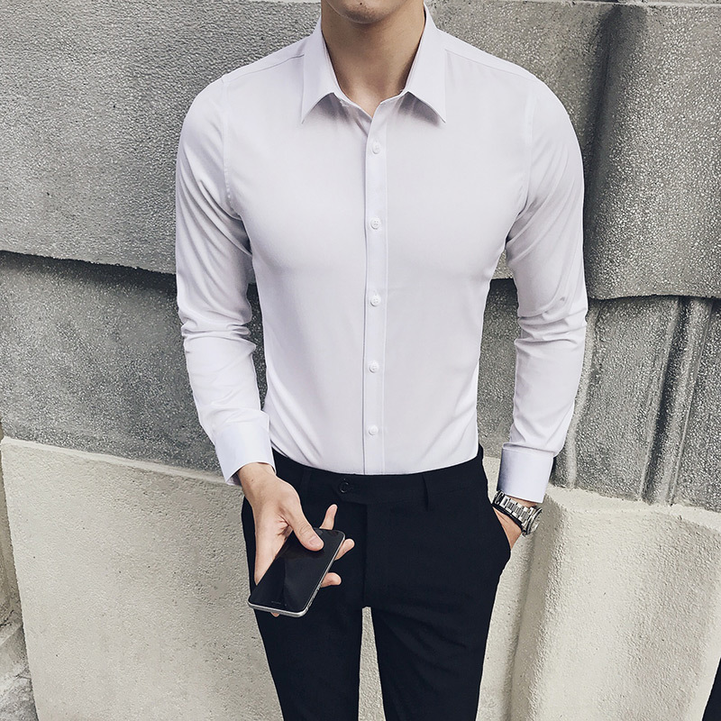 长袖衬衫男修身韩版男士衬衣纯色帅气青年商务职业正装寸衫加大码