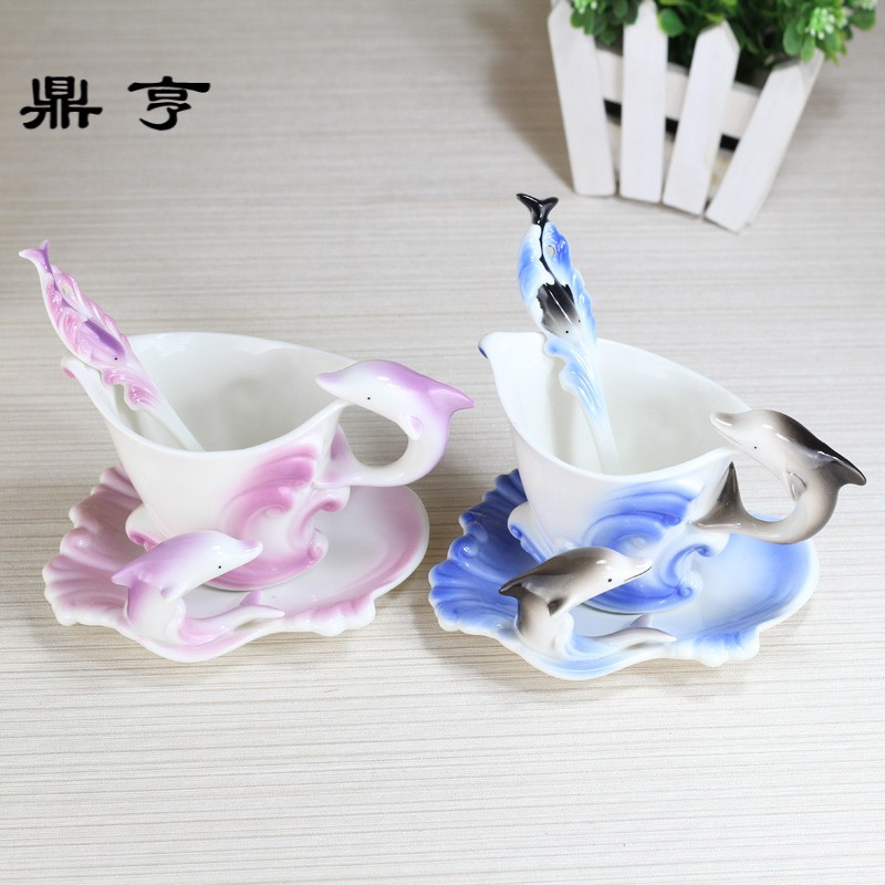 鼎亨珐琅彩陶瓷套装创意海豚欧式咖啡杯子碟勺生日情人教师节