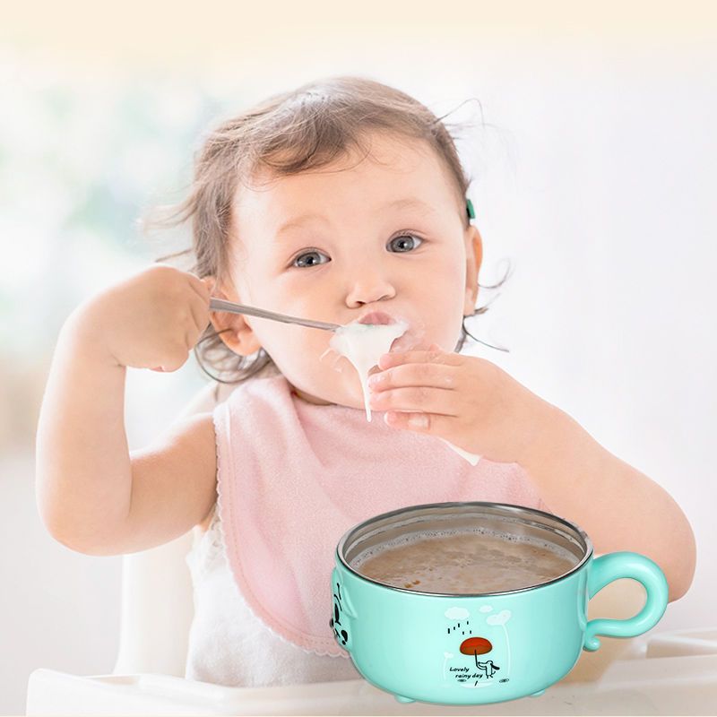 开优米kiuimi儿童不锈钢餐具宝宝注水保温碗婴幼儿吸盘碗勺套装辅食碗5件套 粉色款