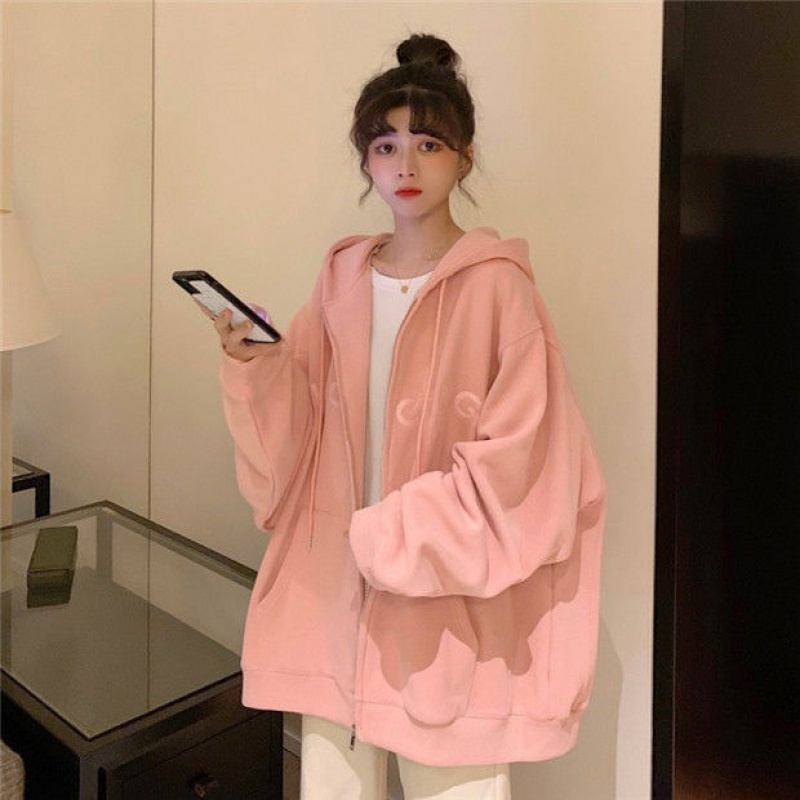 粉色卫衣女早秋薄款韩版慵懒风宽松百搭休闲长袖上衣连帽开衫外套莎丞