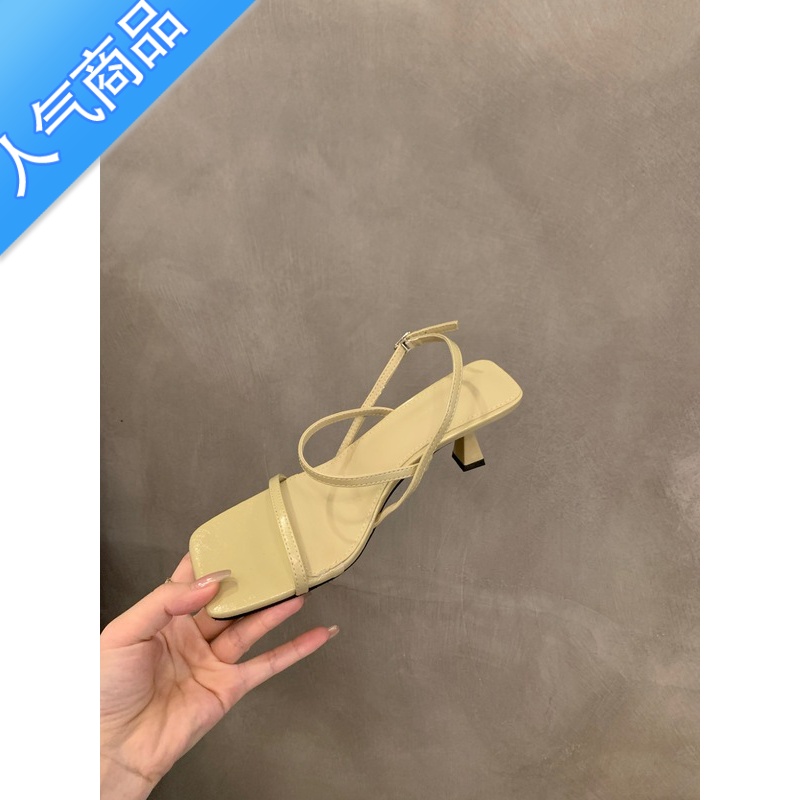 SUNTEK黑色高跟一字带凉鞋女鞋子2023年新款夏季简约气质法式晚风罗马鞋高清大图