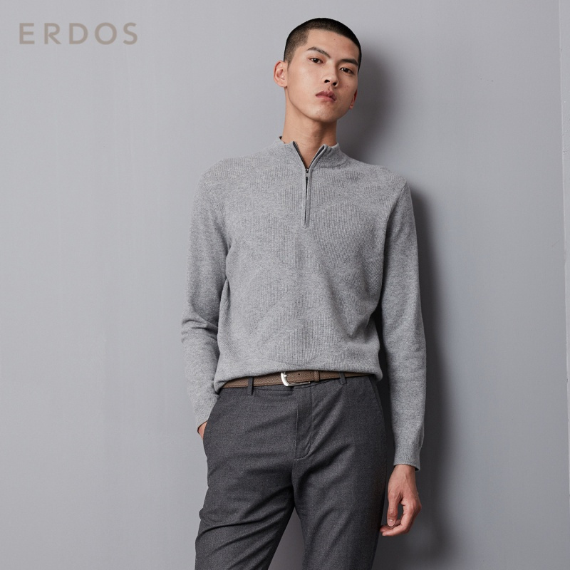 ERDOS 秋冬半高领翻花男针织衫拉链羊绒衫时尚百搭