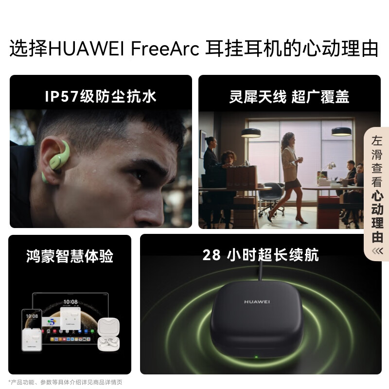 华为/HUAWEI FreeArc 耳挂耳机 原野绿 无线蓝牙运动开放式耳机 稳固佩戴 开放式聆听 IP57防尘抗水高清大图