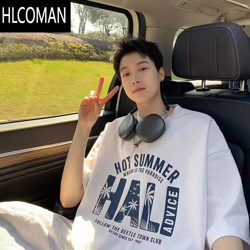 HLCOMAN酒红色2025新款韩版宽松大码t恤男夏季美式短袖oversize