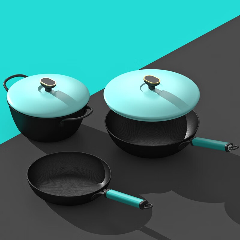 都市太太 DSZTSY302626 铸铁食研2盖3件套 炒锅+煎锅+炖锅(30cm+26cm+26cm) 天蓝色高清大图