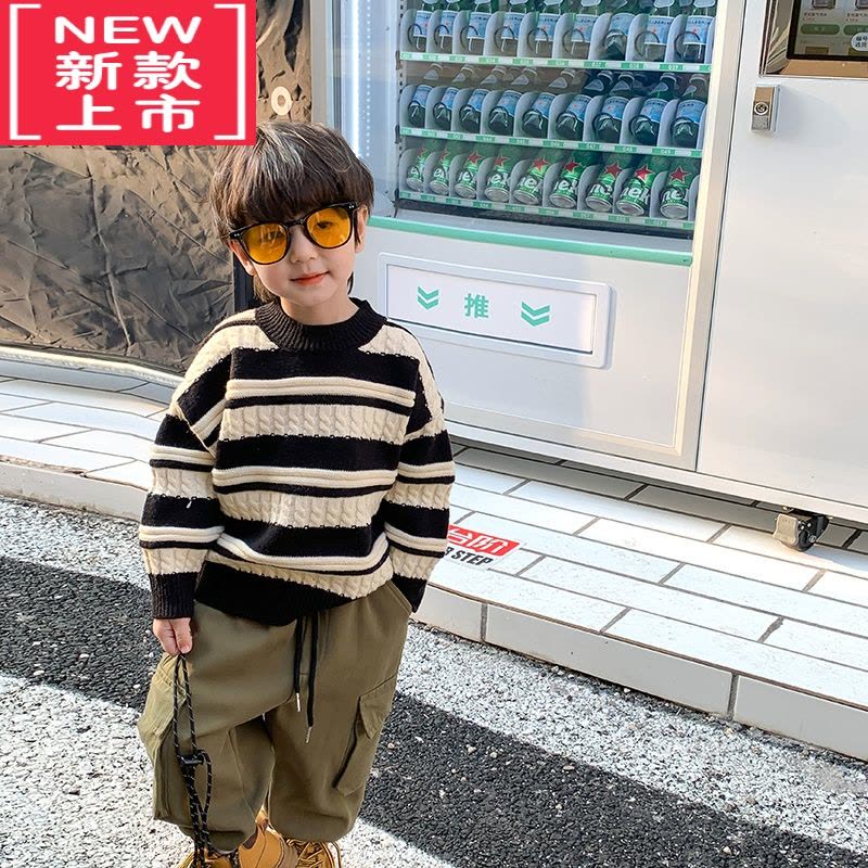 可莉允男童加厚绵撞色条纹毛衣儿童冬装圆领宝宝针织套头衫潮图片
