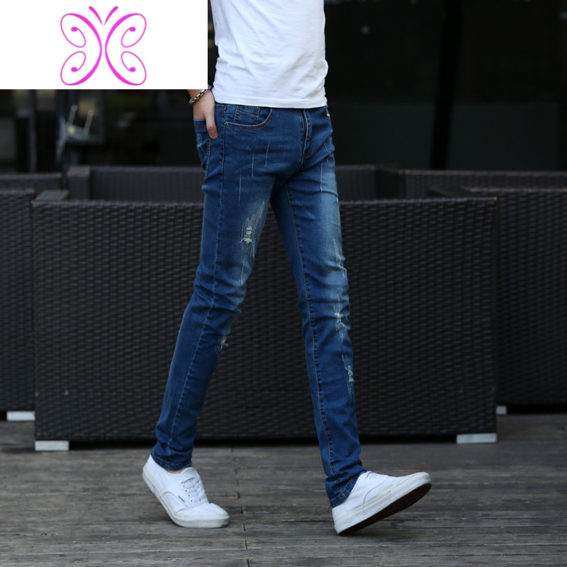 韩版牛仔裤潮流破洞裤子男休闲修身长裤男士九分裤学生小脚裤牛仔裤男