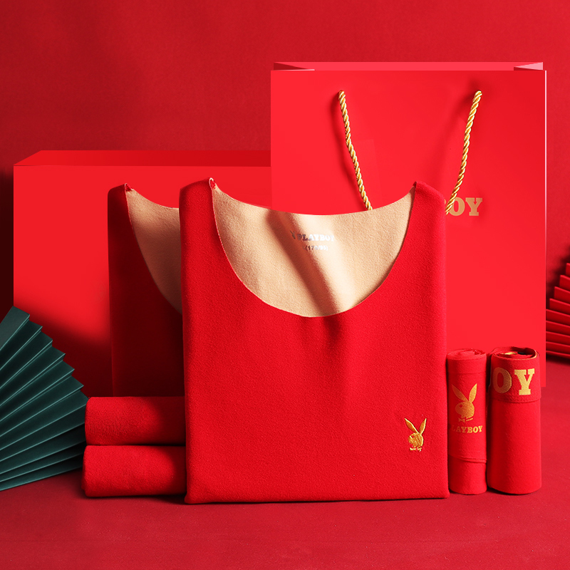 花花公子鸿运男大红套装组合礼盒结婚送礼磨绒打底内衣男士高清大图