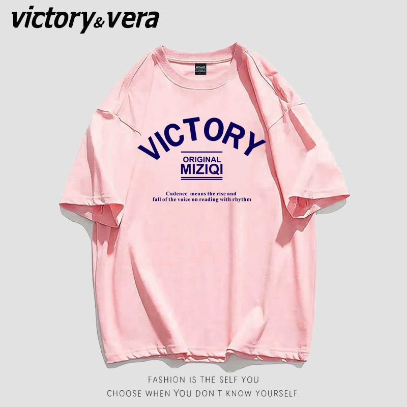 VICTORYVERA杏色短袖t恤女2022夏季新款宽松韩版bf原宿风印花上衣