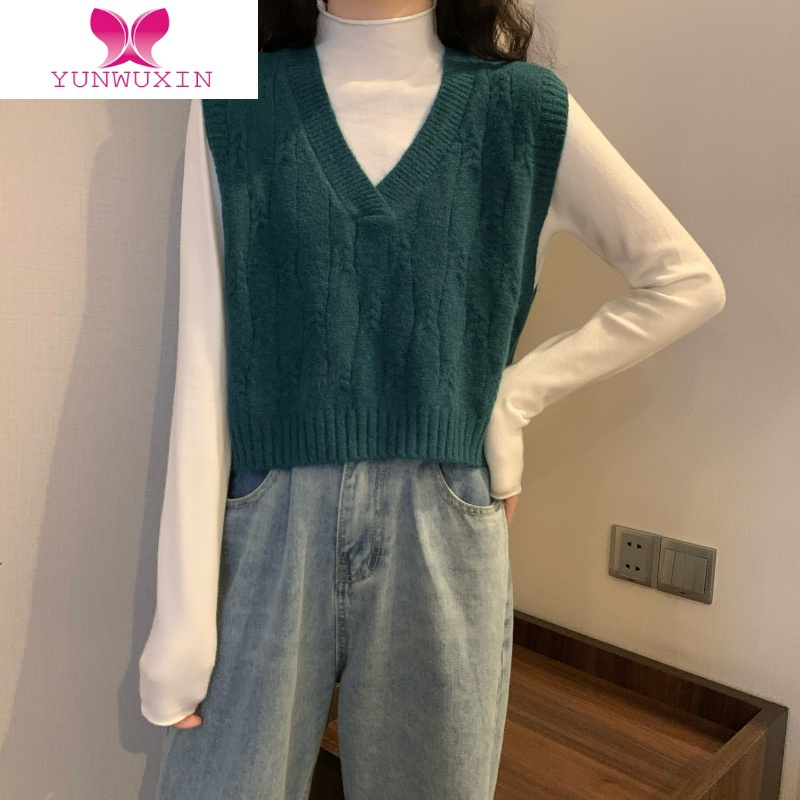 yunwuxin学院风v领百搭叠穿坎肩针织毛线马甲女韩版内搭毛衣背心外搭