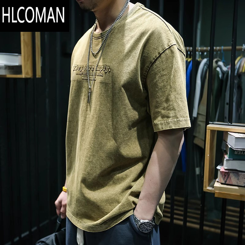 HLCOMAN夏季水洗美式短袖t恤男宽松潮牌ins大码半袖圆领潮流百搭体桖
