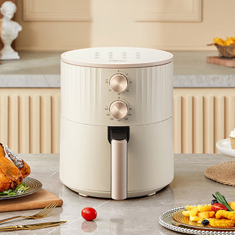 美的(Midea)空气炸锅4.7L跃动旋风盘食物免翻面12道花式菜单双旋钮简易操作薯条机 MF-KZE5009高清大图