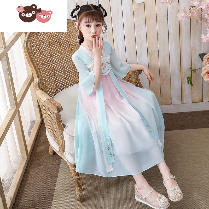 绿彩虹光古风汉服女童夏季薄款儿童女夏古装超仙女孩中国风齐胸襦裙