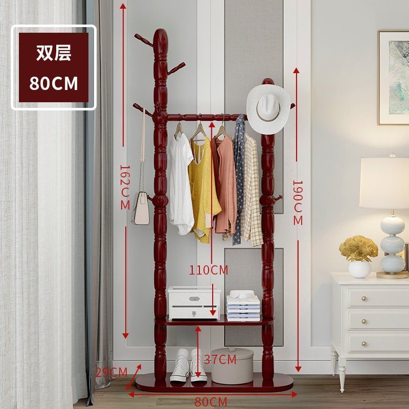 汐岩实木衣帽架落地卧室挂衣架欧式厅置物架客厅衣服架现代简约衣架 酒红色-双层-80cm
