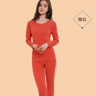 橙红[套装] L[建议90-110斤] 南极人大码加厚加绒保暖内衣套装女无痕打底衫秋冬发热德绒秋衣裤
