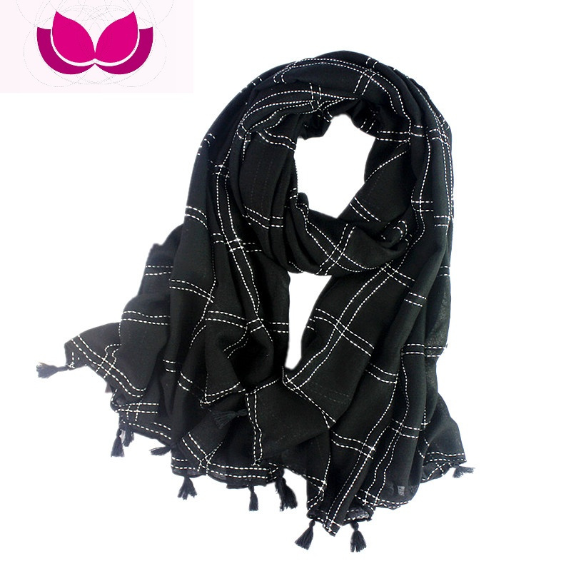 七斓棉麻格子围巾女英伦经典春秋冬季百搭薄披肩两用流苏丝巾