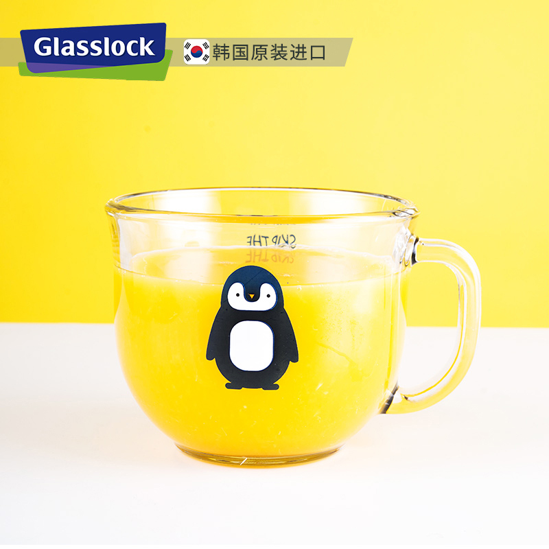 Glasslock韩国进口玻璃水杯可爱卡通图案马克杯带把手透明杯子办公室果汁杯冷水杯350ml