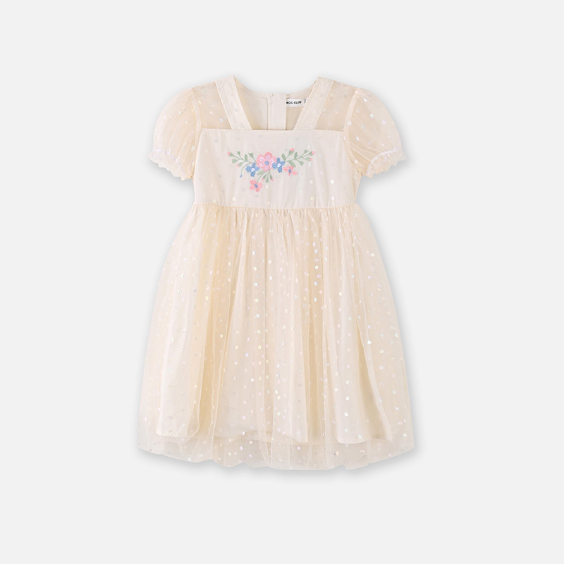 铅笔俱乐部童装2024夏装新款女童连衣裙国风中大童裙子女孩网纱裙 110cm 浅杏