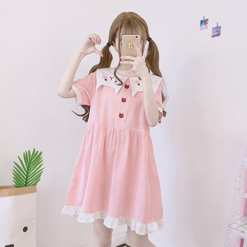 日系可爱裙子女夏装宽松海军风连衣裙学生洛丽塔萌系小清新娃娃裙lm