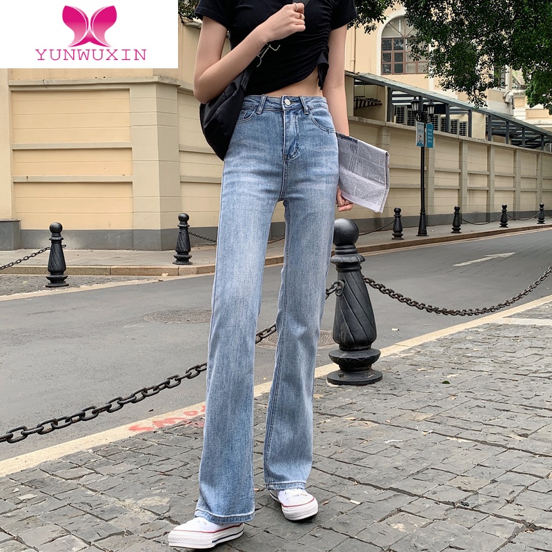 YUNWUXIN小个子直筒裤子秋季2022新款设计感小众高腰修身显瘦微喇牛仔裤女