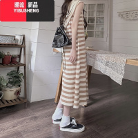 YIBUSHENG条纹连帽连衣裙长裙女装2024季气质小个子穿搭休闲宽松无袖季E 均码优质版/现货 卡其色条纹
