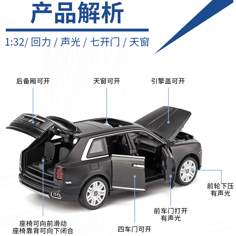 劳斯莱斯库里南合金车模型7开SUV越野车玩具男孩儿童小汽车模型 劳斯莱斯库里南=礼盒装红色高清大图
