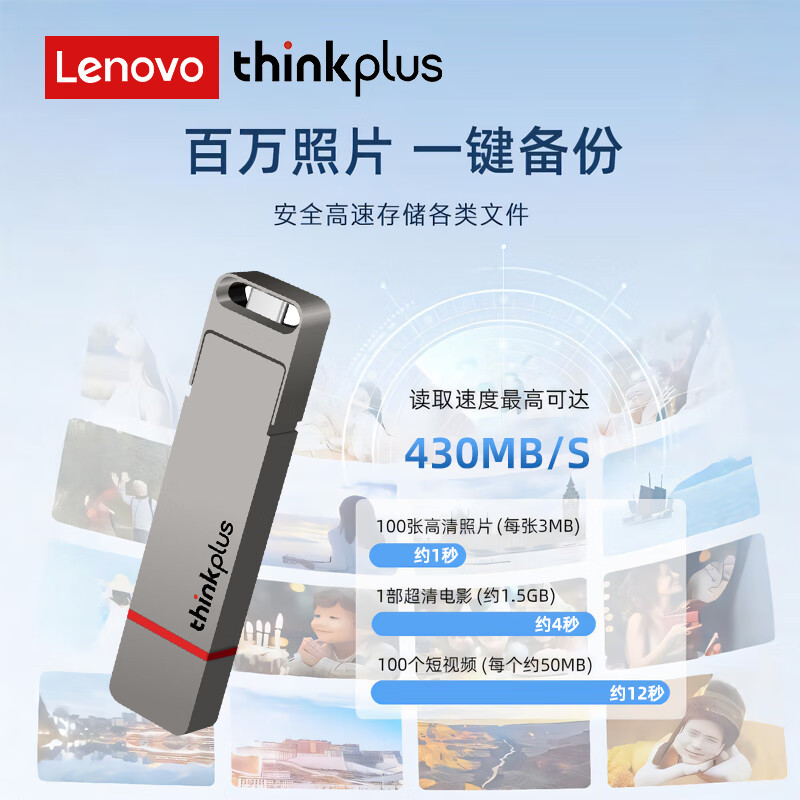 联想ThinkPlus 双接口固态U盘 USB3.2/Type-C高达430MB/S TU200Pro 灰色 512GB高清大图