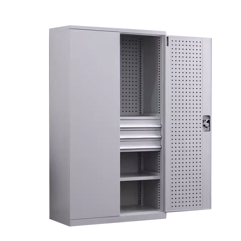 湘渭重型工具柜加厚物件工具储物柜工厂铁皮柜汽修厂零件收纳柜白色三层三抽带挂板高清大图