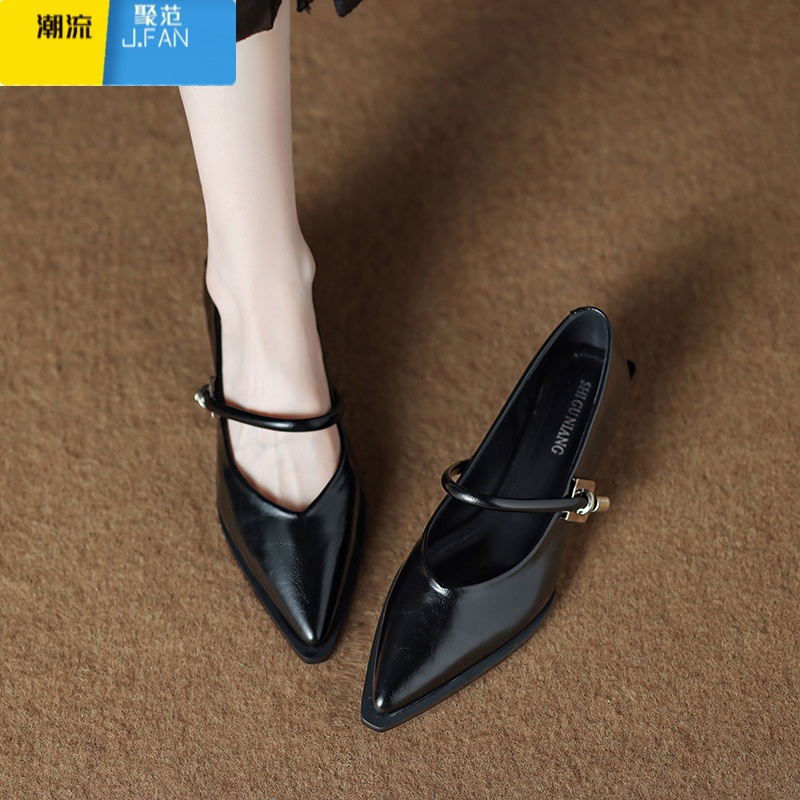 聚范玛丽珍低跟鞋子女2024新款配裙子棕色尖头法式温柔女鞋单鞋 黑色 34